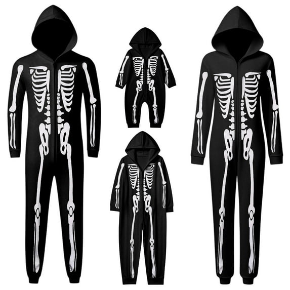 KHONTS Halloween Family Skeleton Printed Matching Pajamas Sets Hooded Jumpsuit Funny Bodysuit for Adult and Kids Baby 3M