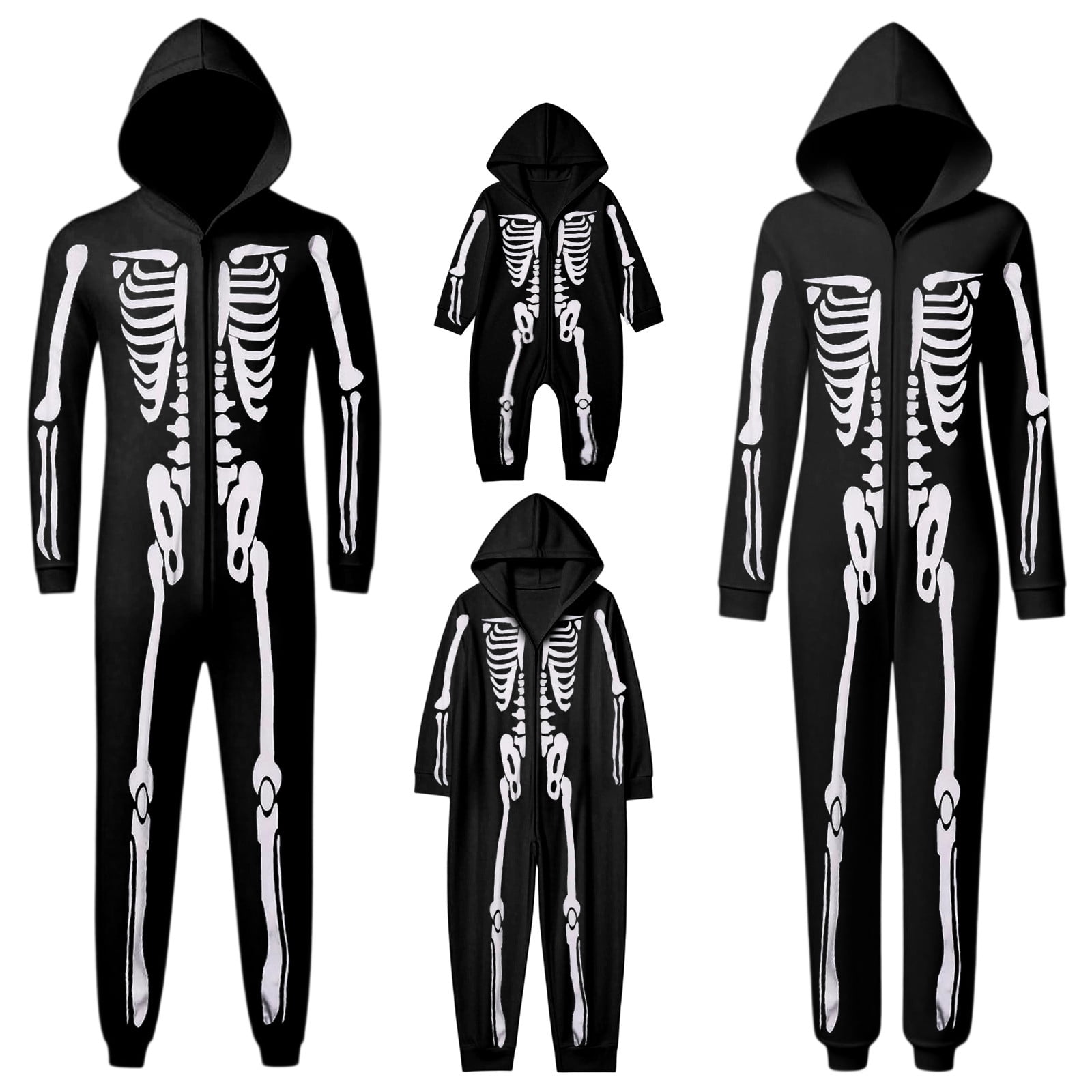 KHONTS Halloween Family Skeleton Printed Matching Pajamas Sets Hooded Jumpsuit Funny Bodysuit for Adult and Kids Men L
