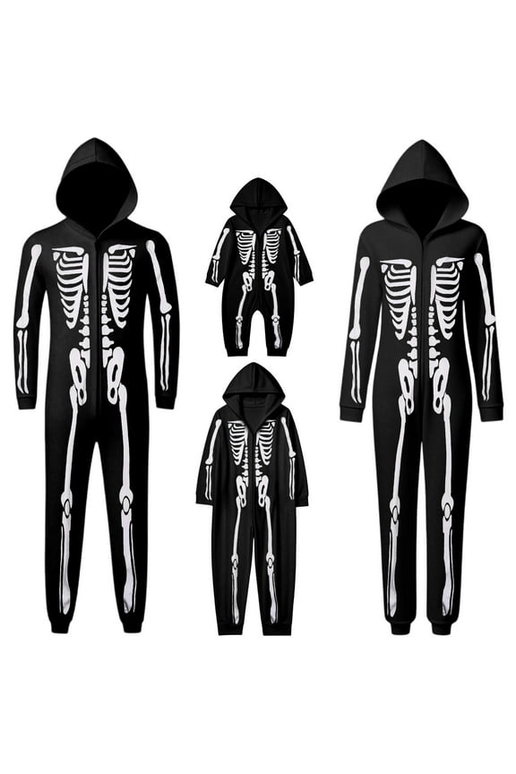 Halloween Family Skeleton Printed Matching Pajamas Sets Hooded Jumpsuit Funny Bodysuit for Adult and Kids Men L