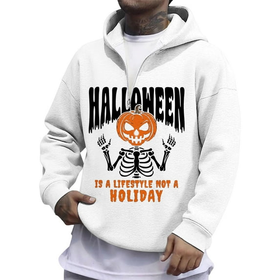 KHONTS Halloween Hoodies for Men Funny Graphic Trick or Treat Pumpkin Quarter Zip Hoodie Sweatshirt Long Sleeve Plus Size Pullovers White XL