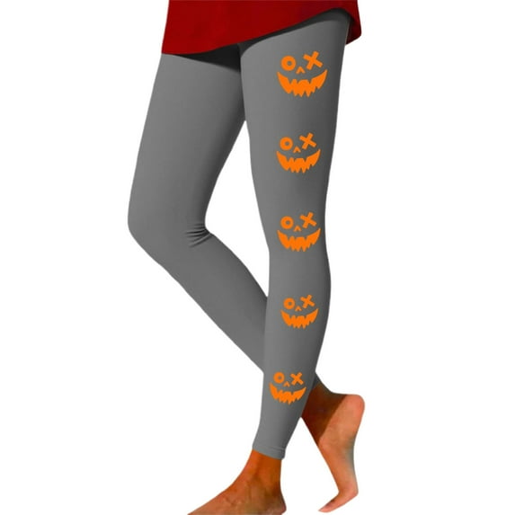 KHONTS Halloween Leggings for Women Buttery Soft Stretchy Pumpkin Printed Pajamas Pants High Waisted Tummy Control Yoga Pants I-Grey M