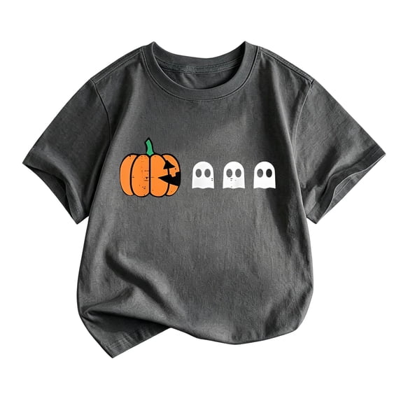 KHONTS Halloween Pumpkin Eating Ghost T Shirts for Boys Kids Short Sleeve Crew Neck Tops,Size 2-13 Years Dark Gray 140