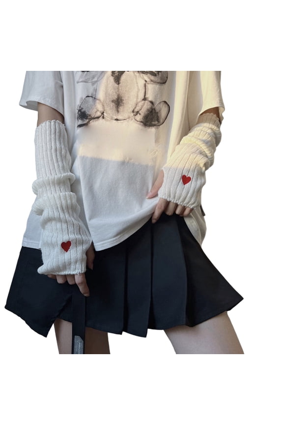 Heart Arm Warmers Women Knit Long Fingerless Gloves Cute Sweet Cool Arm Sleeve OTHER One Size