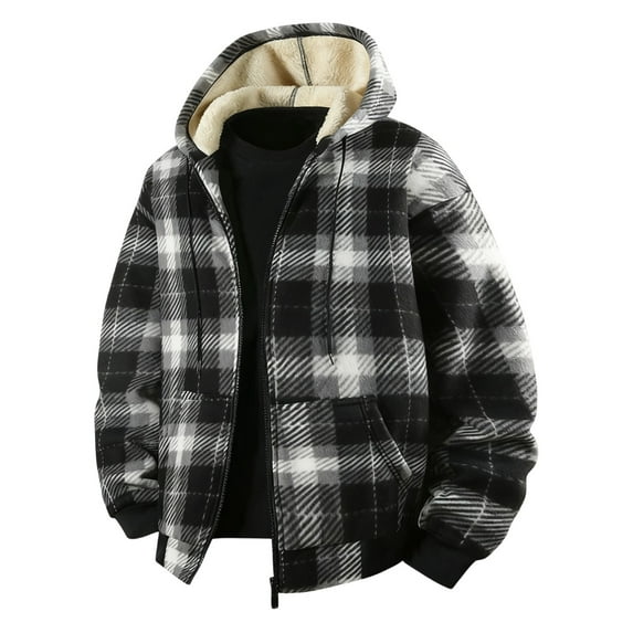 KHONTS Heavy Thick Hoodies for Men Plaid Flannel Warm Sherpa Lined Winter Full Zip up Jackets White S
