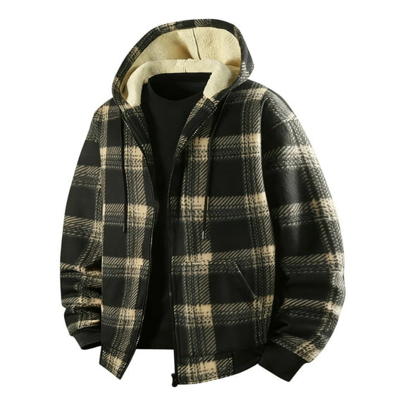 KHONTS Heavy Thick Hoodies for Men Plaid Flannel Warm Sherpa Fleece Lined Winter Full Zip up Jackets Yellow XL