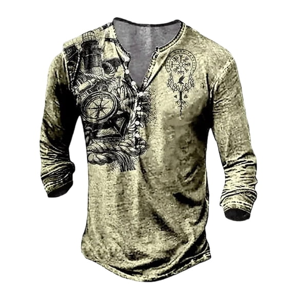 KHONTS Henley Shirts for Men Retro Long Sleeve Bull Head Printed Tee Shirts Casual Button down Lightweight T-Shirts 06-Beige XXL