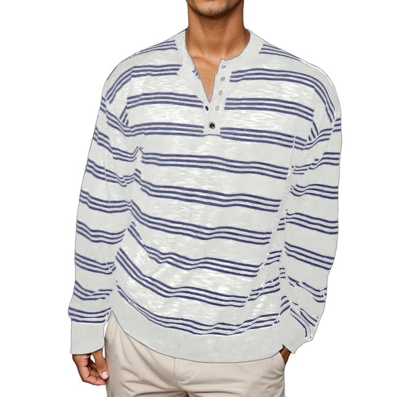KHONTS Henley Shirts for Men Strip Long Sleeve Button up V Neck T Shirts Loose Fit Shirts Solid Fashion Shirts Casual White S