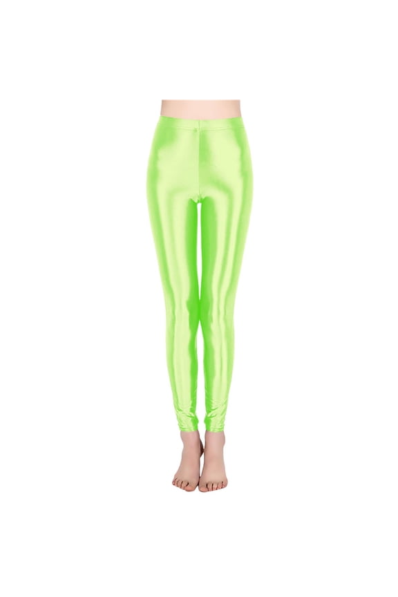 High Waist Yoga Pants for Women Tummy Control Leggings Shiny Oil Sport Footless Shimmer Tights Green L