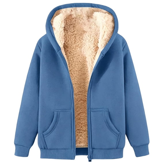 KHONTS Hoodies for Women Winter Sweatshirt Full Zip up Thick Sherpa Lined Hooded Jacket with Pockets Blue XL
