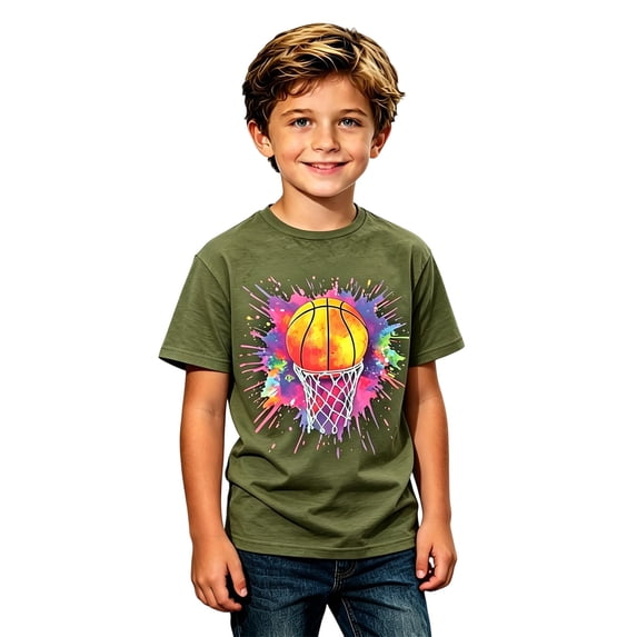 KHONTS Kid's Boys Basketball Colorful for Player and Fan Graphic T-Shirt Short Sleeve Casual Tees,Size 2-13 Years Army Green 140