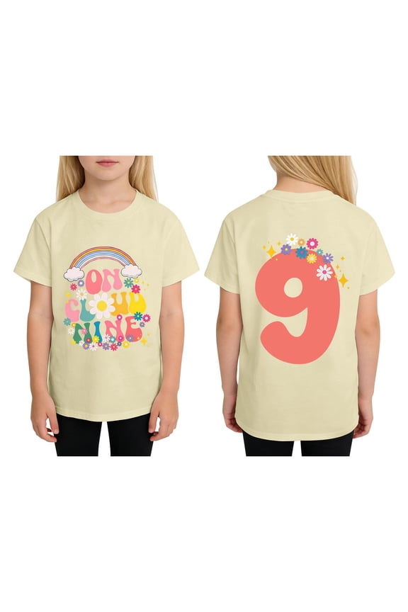 Kids on Cloud Nine Birthday Shirts Girl 9 Years Old Birthday T-Shirt Flower 9th Party Tees Tops,Size 1-13 Years Beige 140