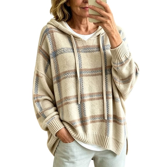KHONTS Knit Hooded Sweater for Women Long Sleeve Side Slit Boggy Hoodies Casual Fall Winter Plaid Pullover Tops Beige XXL