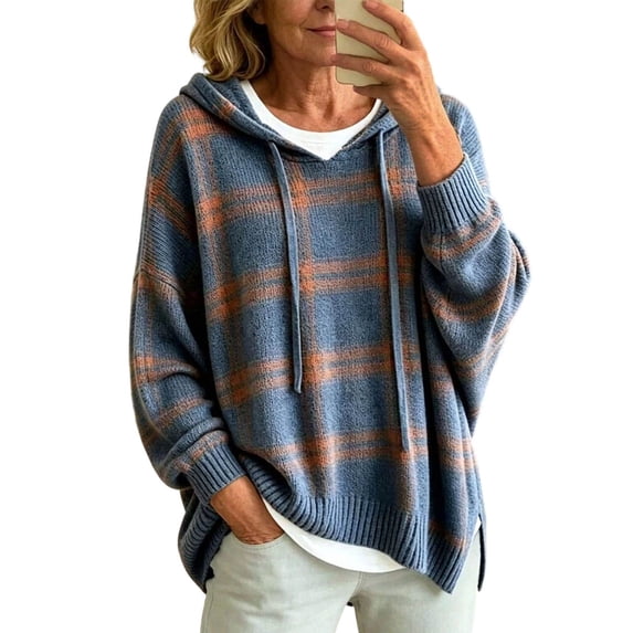 KHONTS Knit Hooded Sweater for Women Long Sleeve Side Slit Boggy Hoodies Casual Fall Winter Plaid Pullover Tops Blue XL