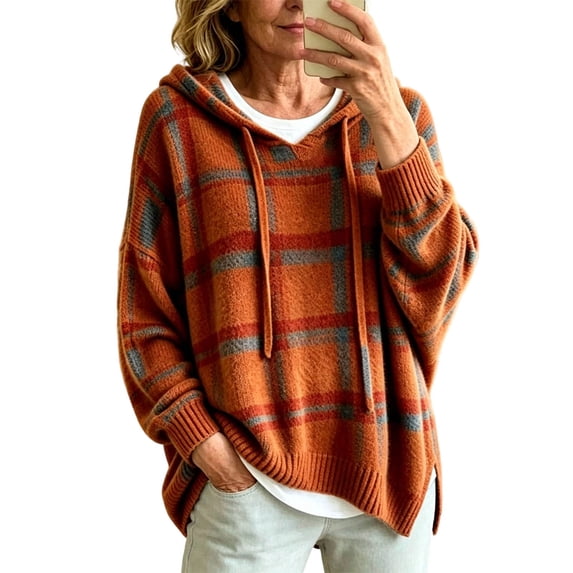 KHONTS Knit Hooded Sweater for Women Long Sleeve Side Slit Boggy Hoodies Casual Fall Winter Plaid Pullover Tops Orange S