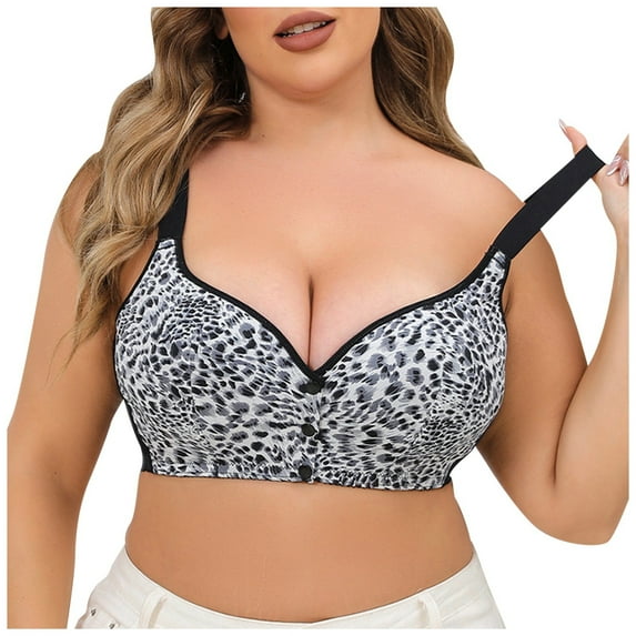 KHONTS Leopard Printed Push up Bras Plus Size Lush Soft Bra Front Closure High Supportive Stretchy Bralettes for Daily Wear Black 44C
