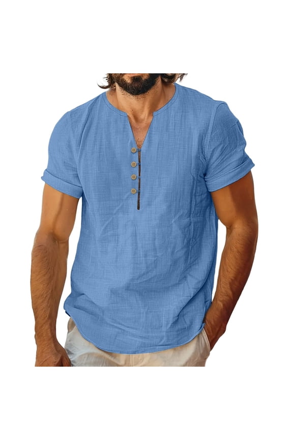 Linen Henley Shirts for Men Short Sleeve Loose Fit Beach Tees Summer Lightweight Holiday Tops Hawaiian Casual T Shirts Blue XXXL