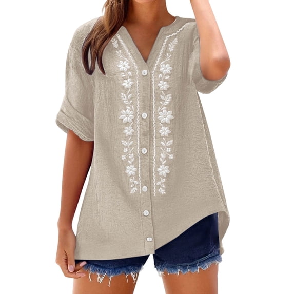 KHONTS Linen Shirts for Women Short Sleeve V Neck Breathable Embroidered Boho Tops Loose Dressy Casual Blouses Khaki XL