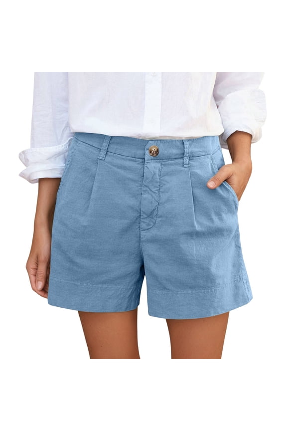 Linen Shorts for Women Summer Bermuda Shorts with Pockets Dressy Casual Button down Wide Leg Beach Shorts BU2 S
