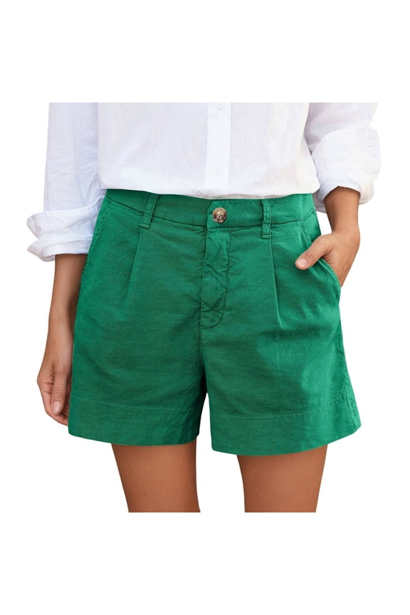 Linen Shorts for Women Summer Bermuda Shorts with Pockets Dressy Casual Button down Wide Leg Beach Shorts Green XS
