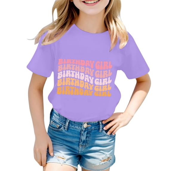 KHONTS Little Girls Short Sleeve Tops Birthday T Shirts Cute Printed Summer Tees,Size 1-13 Years Purple 150