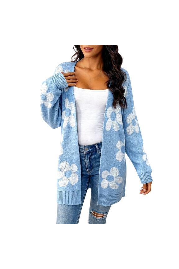 Long Cardigan Sweaters for Women Fall Flower Floral Printed Knit Tops Long Sleeve Cute Open Front Jacket Light Blue XL