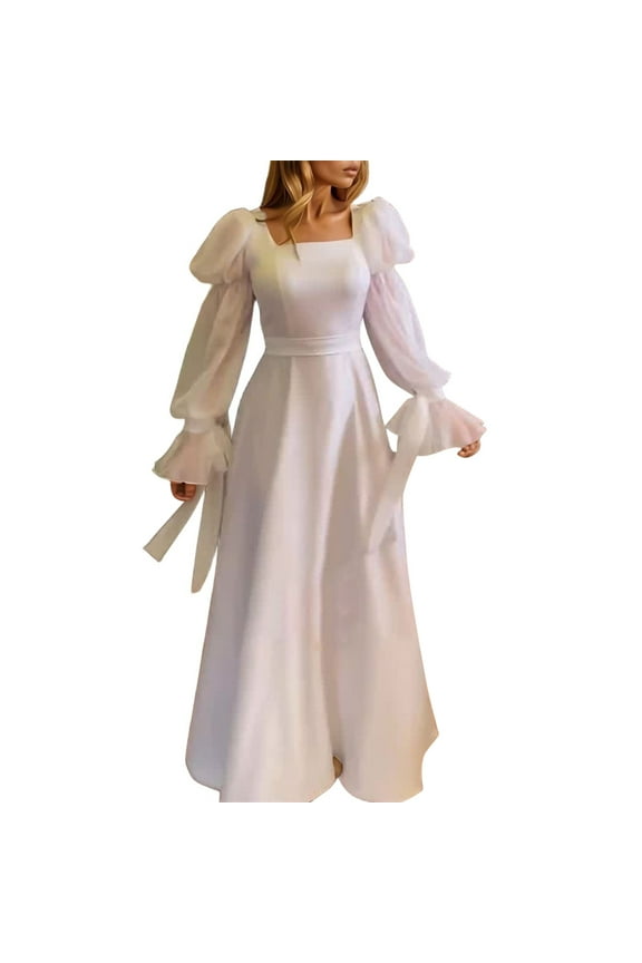 Long Sleeve Boho Wedding Dresses for Women Satin Bridal Shower Gown Simple Engagement Dress for Bride White XL