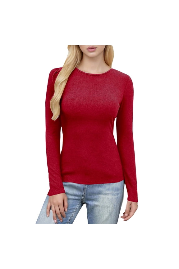 Long Sleeve Shirts for Women Fall Fashion Thermal Shirts Rib Knit Sweaters Winter Clothing Under Layer Clothes Red XL