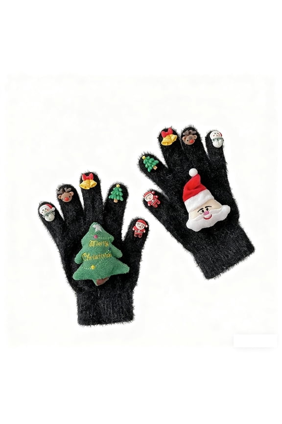 Men and Women's Christmas Gloves Plush Warm Snowman Decoration Winter Outdoor Five Finger Gloves Black One Size