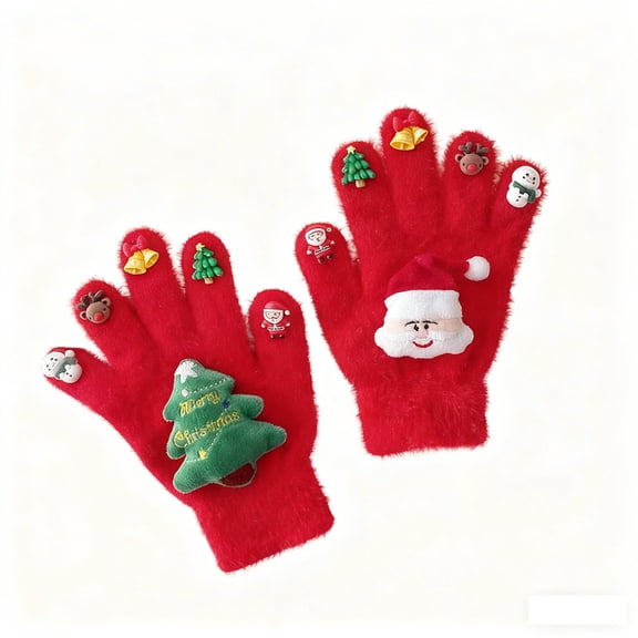 KHONTS Men and Women's Christmas Gloves Plush Warm Snowman Decoration Winter Outdoor Five Finger Gloves Red One Size