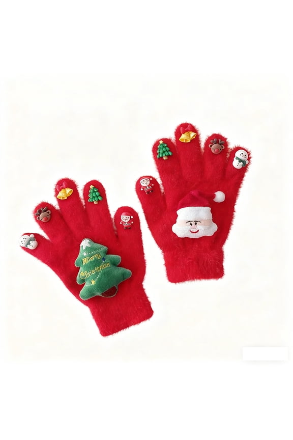 Men and Women's Christmas Gloves Plush Warm Snowman Decoration Winter Outdoor Five Finger Gloves Red One Size