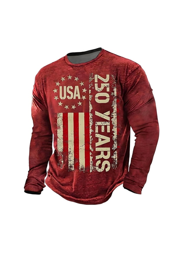 Men's 250years Anniversaries USA Flag 250th Birthday T-Shirt Classic Fit Retro Long Sleeve Tee Basic Slim Fit Tops Red XXL