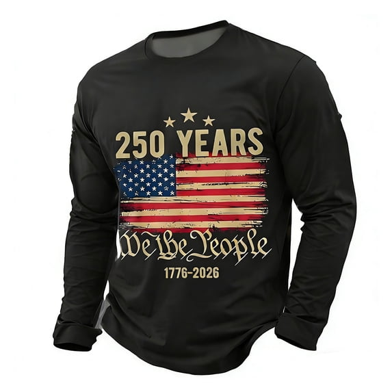 KHONTS Men's 4th of July 250th Anniversaries T Shirts Long Sleeve Crew Neck Printed Tees Slim Fit Casual Fashion Tops Black XXL