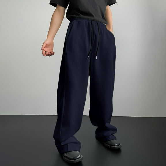 KHONTS Men's Baggy Sweatpants Wide Leg Y2k Drawstring High Waisted Loose Long Pants with Pockets Navy M