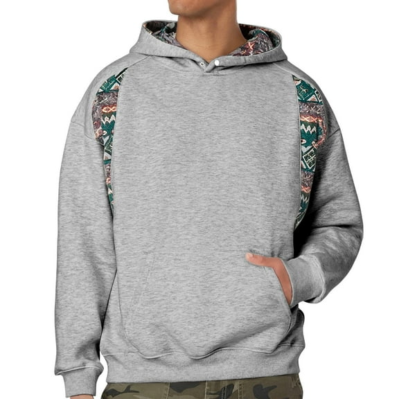 KHONTS Men's Boho Patchwork Hooded Sweatshirt Ethnic Pattern Hoodie Casual Baggy Pullover Sweatshirt with Pocket Grey L