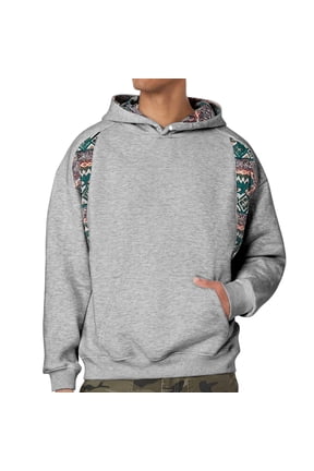 Men's Boho Patchwork Hooded Sweatshirt Ethnic Pattern Hoodie Casual Baggy Pullover Sweatshirt with Pocket Grey L