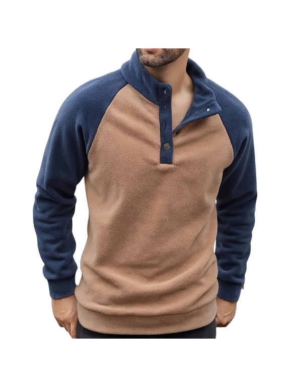 Men's Button up Neck Pullover Tops Casual Long Sleeve Sweatshirts Winter Polar Pullover Tops Brown S
