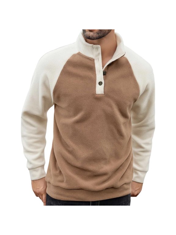 Men's Button up Neck Pullover Tops Casual Long Sleeve Sweatshirts Winter Polar Pullover Tops Khaki S