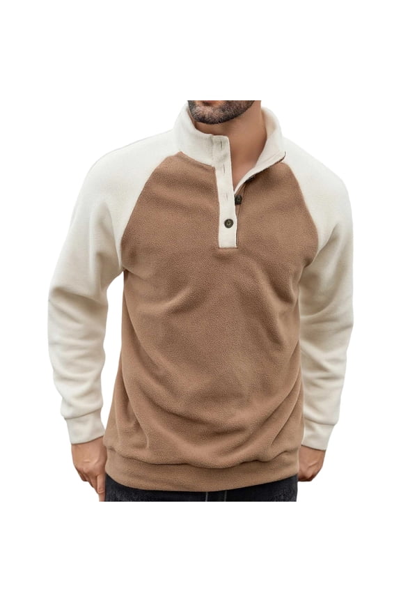 Men's Button up Neck Pullover Tops Casual Long Sleeve Sweatshirts Winter Polar Pullover Tops Khaki S
