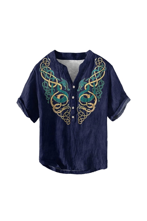 Men's Button up Plus Size V-Neck T Shirts Stand Collar Casual Hawaiian Stylish Shirts Ethnic Style Spring and Summer Tops 15-Navy XXXXL