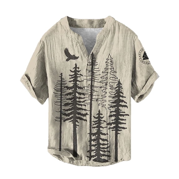 KHONTS Men's Button up Plus Size V-Neck T Shirts Stand Collar Casual Hawaiian Stylish Shirts Ethnic Style Spring and Summer Tops 17-Khaki XXXXXL