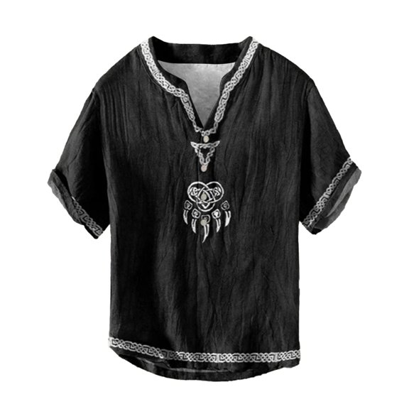 KHONTS Men's Button up Plus Size V-Neck T Shirts Stand Collar Casual Hawaiian Stylish Shirts Ethnic Style Spring and Summer Tops 22-Black XXXXXL