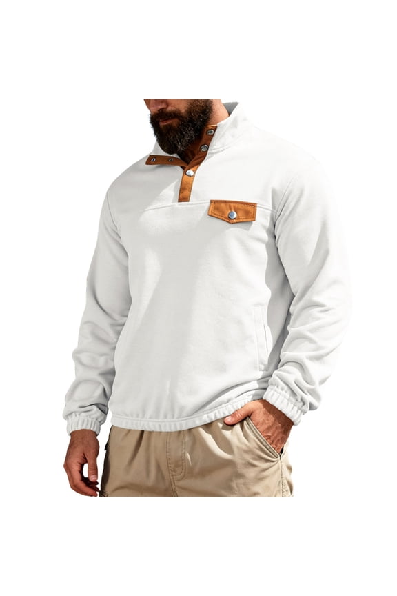 Men's Button up Thermal Pullover Tops Long Sleeve Warm Sweatshirts Winter Workout Tops White XXXL