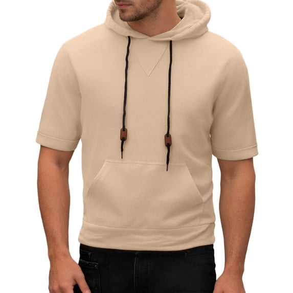 KHONTS Men's Casual Hoodies Solid Color Short Sleeve Sweatshirts Regular Fit Drawstring Summer Hooded Sport Tops with Pocket Khaki S