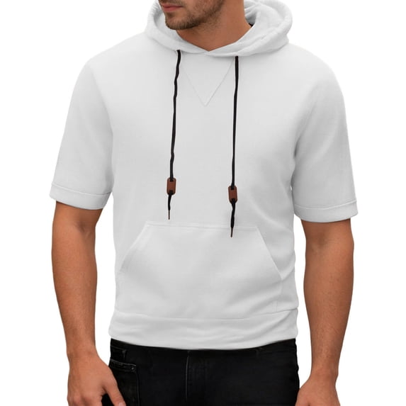 KHONTS Men's Casual Hoodies Solid Color Short Sleeve Sweatshirts Regular Fit Drawstring Summer Hooded Sport Tops with Pocket White XL