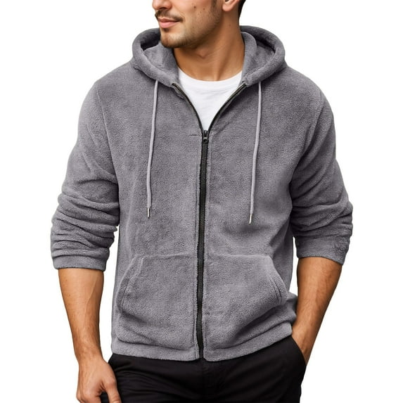KHONTS Men's Casual Lightweight Sherpa Jackets Full Zip Warm Fuzzy Windproof Winter Hooded Sweatshirts Work Coats with Pockets Grey S