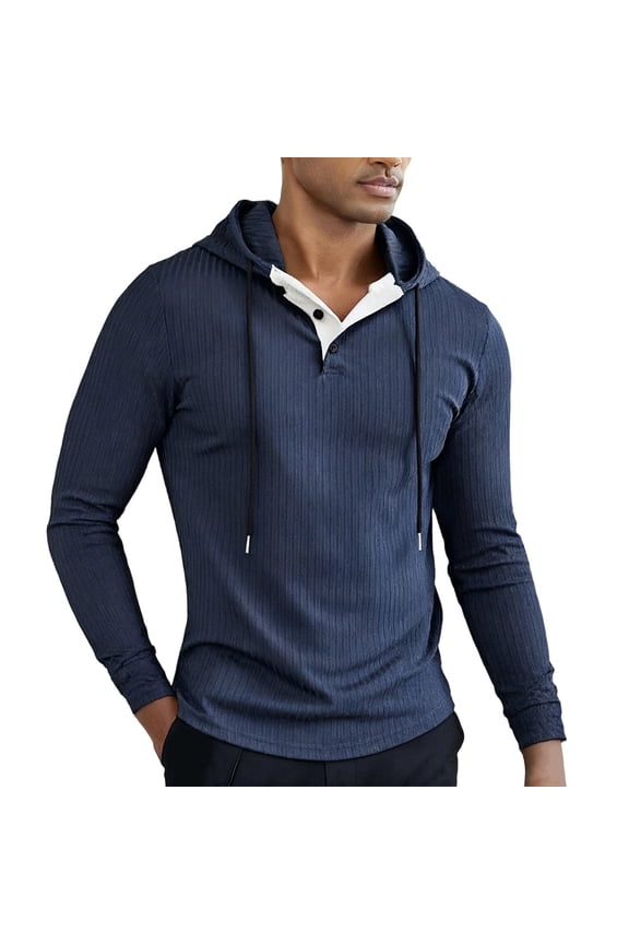 Men's Casual Long Sleeve Hoodies Button Neck Textured Hooded Sweatshirt Ribbed Stretchy Workout Pullover Tops Navy XL