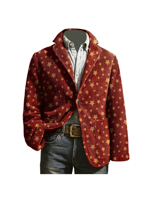 Men's Christmas Blazer Corduroy Xmas Graphic Suit Jackets Lapel Button down Blazers for Dinner Party 2025 05-Brick Red L