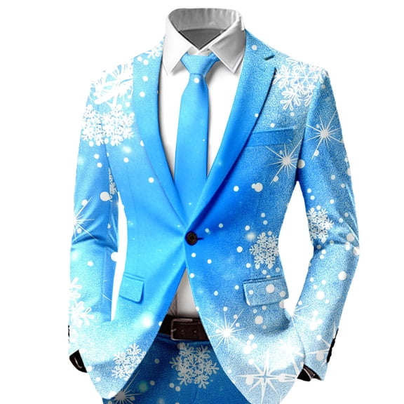 KHONTS Men's Christmas Blazer Jacket Xmas Snowflake Print Long Sleeve Open Button Business Office Jacket Work Blazers 01-Sky Blue L