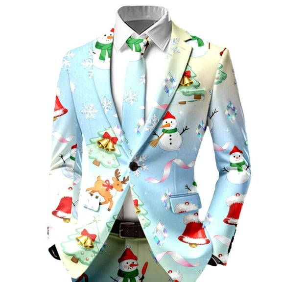 KHONTS Men's Christmas Blazer Jacket Xmas Snowflake Print Long Sleeve Open Button Business Office Jacket Work Blazers 05-Light Blue L