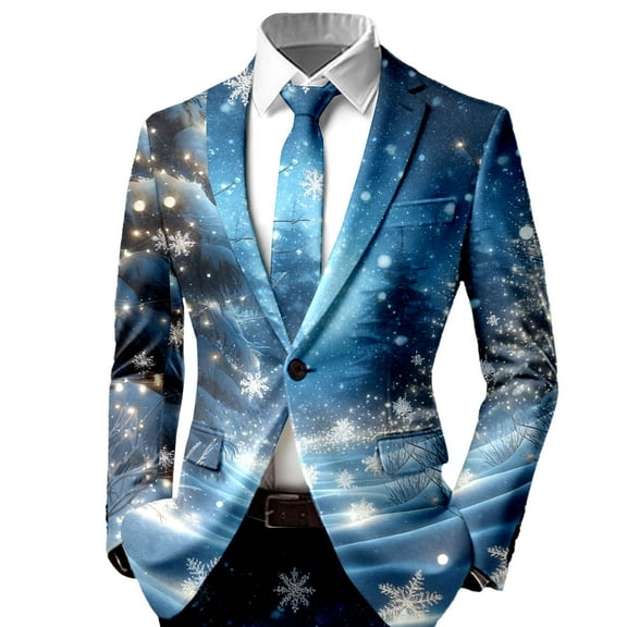 KHONTS Men's Christmas Blazer Jacket Xmas Snowflake Print Long Sleeve Open Button Business Office Jacket Work Blazers 10-Blue XXL